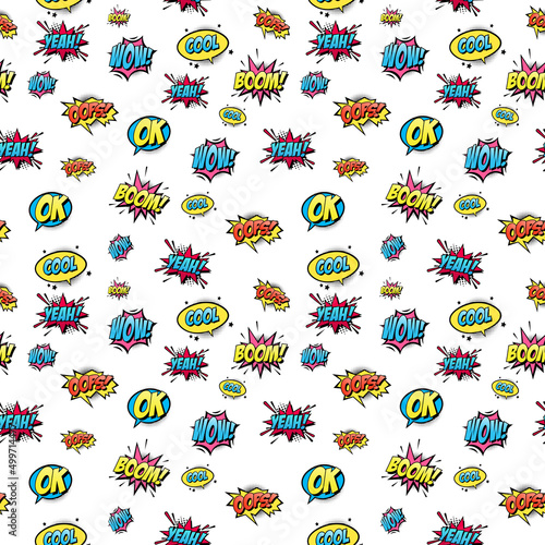 Pop art logo pattern. Creative background with comic speech bubbles. Background in pop art style. Seamless vector background.