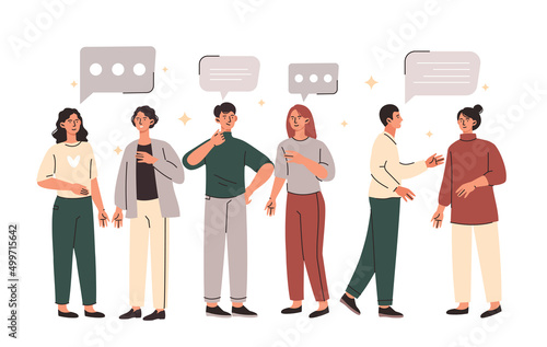 Dialogue between characters concept. Young men and women communicate with each other discussing project or news. People with speech bubbles speak on social networks. Cartoon flat vector illustration