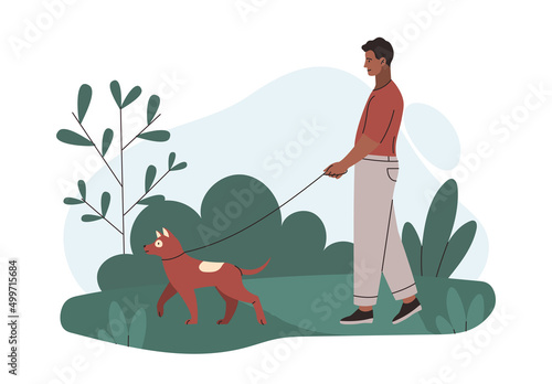 Owner walks with dog concept. Young man loves his pet and takes care of him. Male character spends time with puppy. Friendship between man and animal. Cartoon contemporary flat vector illustration
