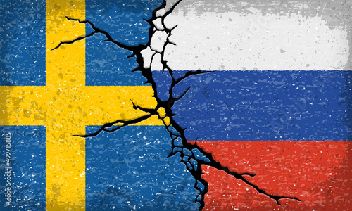 スウェーデンとロシア国旗が割れたコンクリートにペイントされた背景