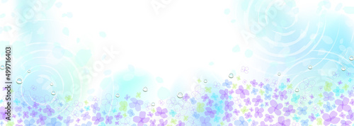 梅雨の晴れ間　水面と紫陽花の幻想的なイラスト