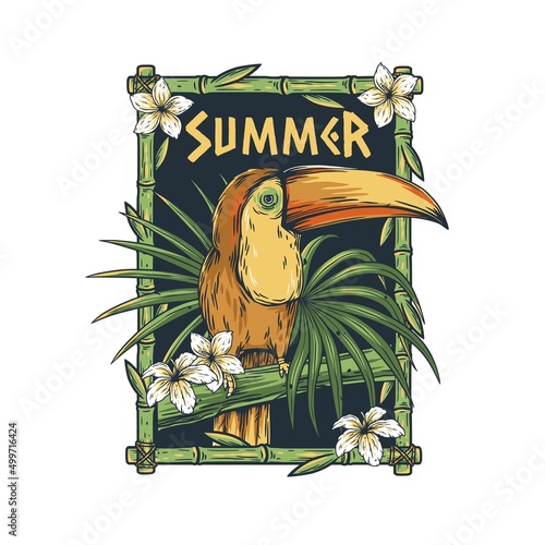 Summer toucan with tropical leaves. Tropic background with bird and flowers for print and hawaii tiki bar