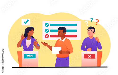 Quiz show concept. Presenter interrogates man and girl, entertainment program. Intellectual game and erudite assessment, answers to questions, two participants. Cartoon flat vector illustration photo