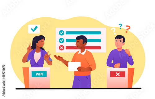 Quiz show concept. Presenter interrogates man and girl, entertainment program. Intellectual game and erudite assessment, answers to questions, two participants. Cartoon flat vector illustration