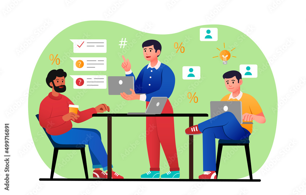 Brainstorming at office. Men discuss financial problems in company. Ideas and insights, analytical department, colleagues and partners. Organization development. Cartoon flat vector illustration Brainstorming at office. Men discuss financial problems in company. Ideas and insights, analytical department, colleagues and partners. Organization development. Cartoon flat vector illustration