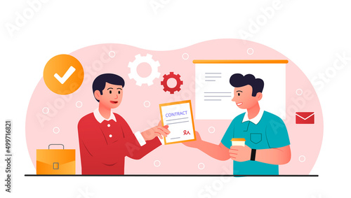 Employment contract concept. Boss offers subordinate deal. Employee successfully passed interview, newcomer to team. Expansion of companys staff, work agreement. Cartoon flat vector illustration