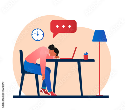 Emotional burnout at work. Girl lies with head on laptop, character low energy, employee tired. Overworked manager falls asleep at workplace, poor time management. Cartoon flat vector illustration