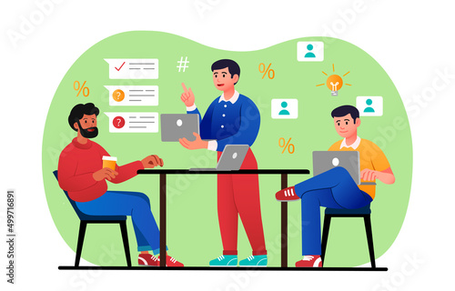 Brainstorming at office. Men discuss financial problems in company. Ideas and insights, analytical department, colleagues and partners. Organization development. Cartoon flat vector illustration