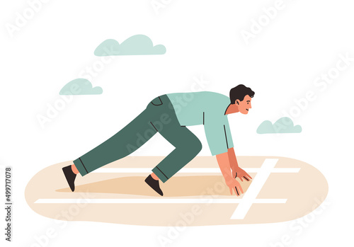 Preparation for work. Man preparing for race, employee at start. Motivation and leadership, achievement of goals and self development, career growth metaphor. Cartoon flat vector illustration