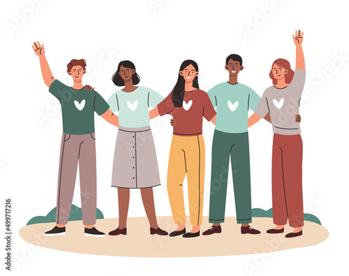 Portrait of group of friends. Men and girls embrace and smile. Good relations in team, students and young guys. Equality, unity and tolerance. Positive and optimism. Cartoon flat vector illustration