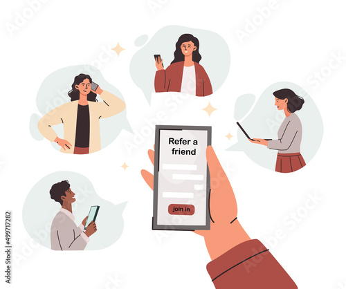 Refer friend concept. Poster or banner for social networks, internet marketing and modern ways of promotion. Gadgets and devices, messengers. Bonus and special offer. Cartoon flat vector illustration
