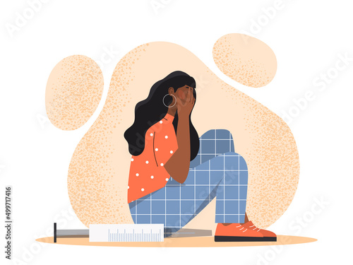 Woman with trypanophobia. Girl afraid of injections and vaccines. Character covers face with hands, fear and panic. Mental health and psychological problems. Cartoon flat vector illustration