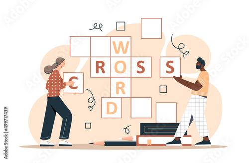 Team searching for solution. Man and girl create crossword puzzle, mind games and erudition test. Creative characters, knowledge and education, entertainment. Cartoon flat vector illustration