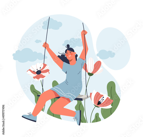 Woman relaxation on swing. Young girl has fun in spring, metaphor for relaxation. Weekends and vacations, lightness and serenity, love of nature and freedom. Cartoon flat vector illustration