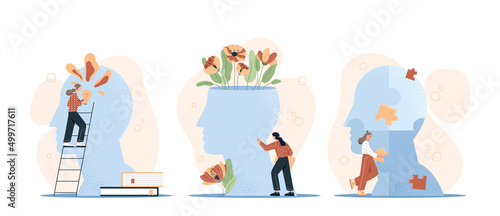 Mental hygiene and self development set. Young women solve problems, come up with ideas and self learning. Psychological balance. Cartoon modern flat vector collection isolated on white background