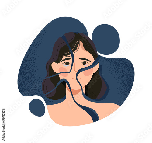 Concept of ego loss fragmented self. Crying sad woman broken into pieces. Psychological disorder, mental illness or depression. Tired unhappy female character. Cartoon flat vector illustration