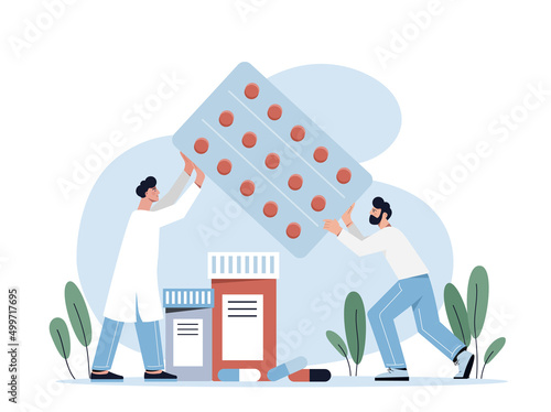 Health Care and Medicine Drugs Industry Concept. Male doctors carry large blister with pills. Pharmacists in medicine store. Treatment and prevention of diseases. Cartoon flat vector illustration