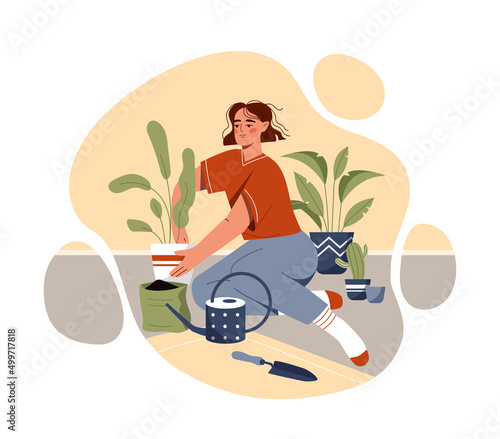 Girl caring for house plants concept. Woman sits on floor in apartment or house and plants green flowers in pots. Home garden. Daily routine. Watering or replanting. Cartoon flat vector illustration
