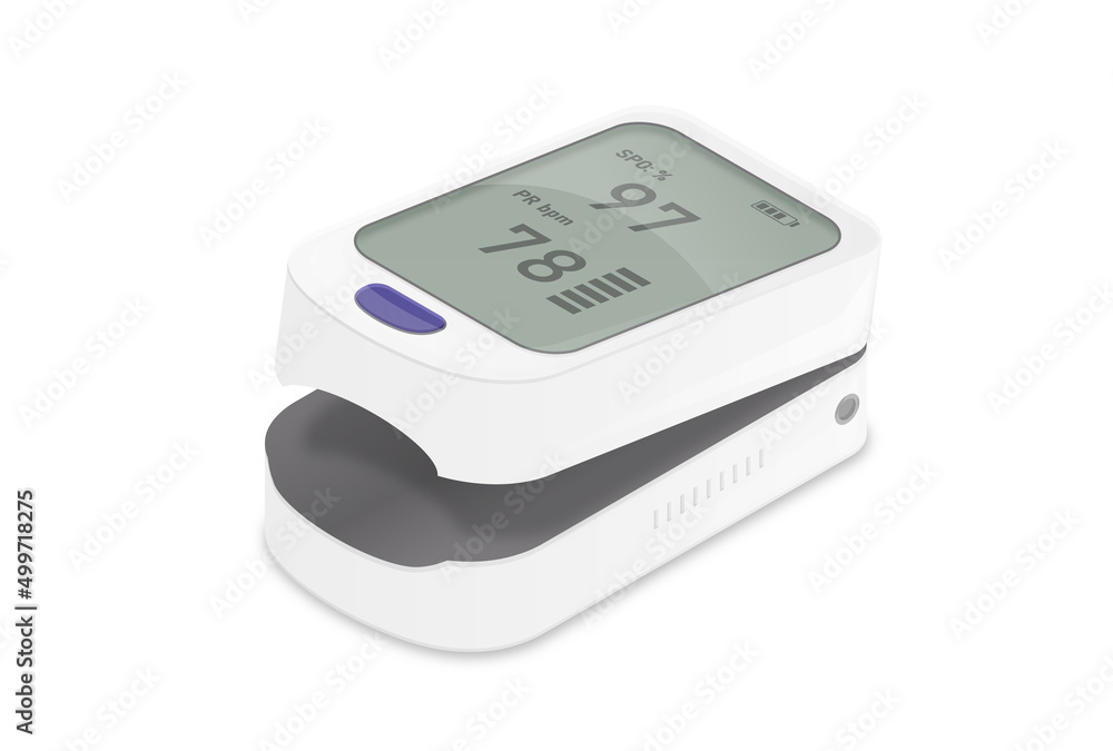 Digital Pulsometer concept. Technological device for measuring heart rate and blood oxygen saturation. Medical gadget for monitoring and control. Realistic modern isometric vector illustration Digital Pulsometer concept. Technological device for measuring heart rate and blood oxygen saturation. Medical gadget for monitoring and control. Realistic modern isometric vector illustration
