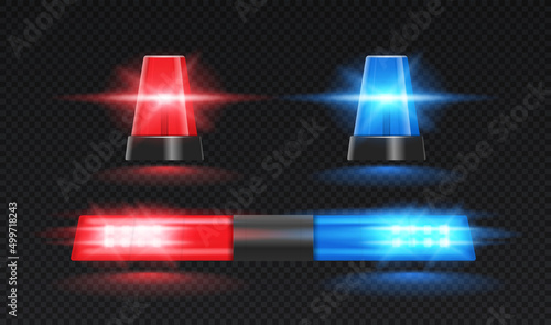 Set of Realistic flashers. Bright red and blue sirens of various shapes for police cars. Device for car that monitors compliance with law. 3D vector collection isolated on transparent background