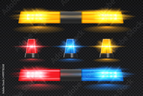 Set of Realistic flashers. Red, blue and yellow sirens on top of police cars or emergency medical vans. Sparkling devices. Design for websites. 3D vector collection isolated on transparent background