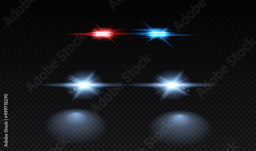 Set of Realistic flashers. Red and blue sirens and headlights for police car. Special devices for lighting car at night. Design for websites. 3D vector collection isolated on transparent background
