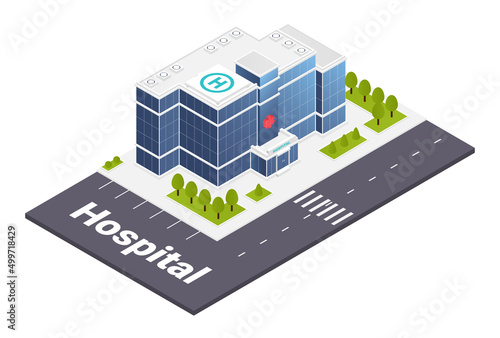 Hospital or medical clinic building concept. Large modern center for diagnosis and treatment of diseases. Design element for social networks and websites. Cartoon isometric vector illustration