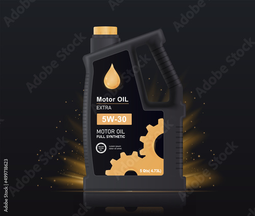 Banner with bottle of engine oil. Dark poster with black canister of engine oil for lubricating motor car piston. Design for product packaging and advertising . Realistic 3D vector illustration