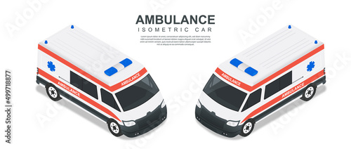 Ambulance Car concept. Vehicle for first aid or emergency medical care. Van for transporting patients to hospital or clinic. Design elements for websites. Cartoon isometric vector illustration