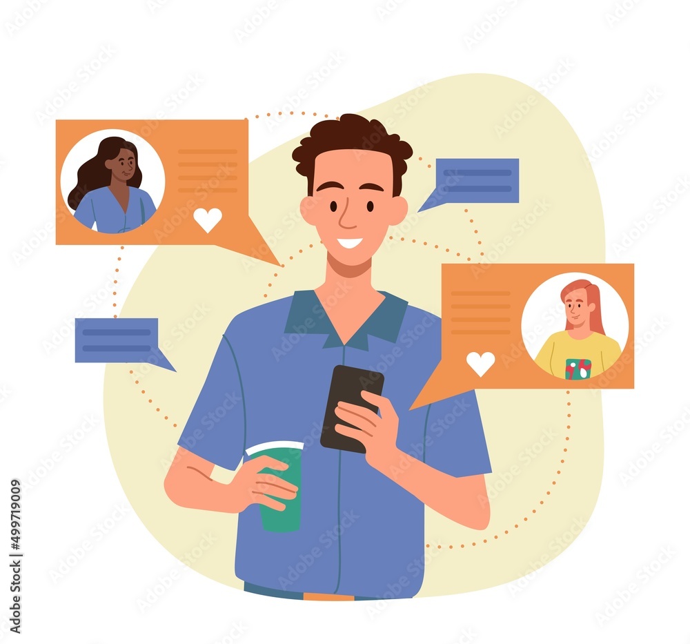 Online Dating App concept. Young smiling man with smartphone in his hands looking for girlfriend, likes and flirts. Communication in social networks. Search for love. Cartoon flat vector illustration Online Dating App concept. Young smiling man with smartphone in his hands looking for girlfriend, likes and flirts. Communication in social networks. Search for love. Cartoon flat vector illustration