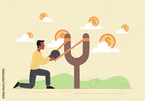 Business and finance concept. Male entrepreneur with slingshot knocks down coins and earns money. Rich man succeeds and makes profit. Investing and income growth. Cartoon flat vector illustration
