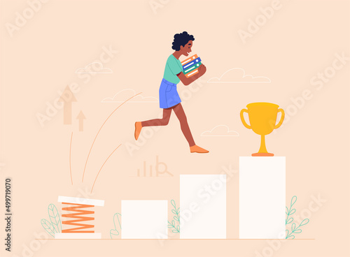 Career growth concept. Young woman with documents in her hands jumps on trampoline and achieves success in business. Motivated employee or entrepreneur with gold cup. Cartoon flat vector illustration