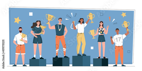 Group of diverse sportive people concept. Young male and female athletes stand on pedestals and hold gold cups. Awarding winners of competition or sports championship. Cartoon flat vector illustration
