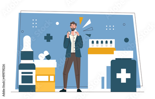 Seasonal pollen allergy concept. Young man with allergic rhinitis sneezes, wipes his nose with napkin and takes medication. Treatment of disease or symptoms. Cartoon flat vector illustration