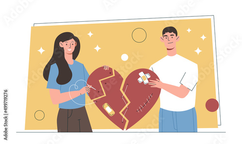 Repairing broken heart concept. Young man and woman love each other and restore their relationship. Couple reunites after parting and finds compromises. Cartoon modern flat vector illustration
