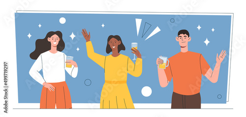 Summer party concept. Young men and women with mugs drink delicious cocktails or alcoholic beverages, have fun or celebrate. Happy characters resting. Cartoon contemporary flat vector illustration