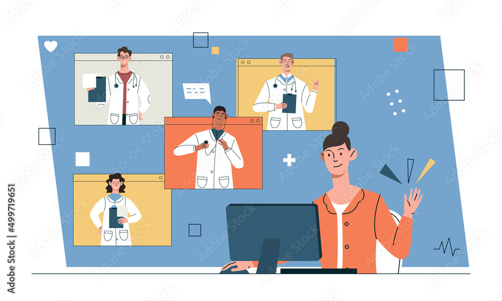Diverse expert team of doctors concept. Online conference or remote meeting by medic to discuss healthcare topics and treatment of diseases. Therapists communicate. Cartoon flat vector illustration