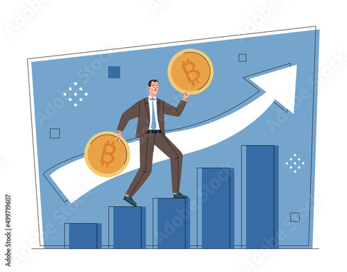 Bitcoin and crypto price rising up concept. Male entrepreneur holds coins in hands and rejoices at increase in profit or income. Stock market or successful investment. Cartoon flat vector illustration