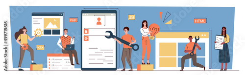 Web developers team concept. Male and female programmers create software or user interface for application or website. Programming languages. Creative employees. Cartoon flat vector illustration