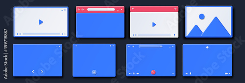 3D window design application. Browser collection, website template, software development set. Icons for social networks and messengers. Cartoon vector illustrations isolated on black background