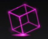 Neon isometric cube. Geometric objects for website design. Night club and modern style. Purple figures and abstract image. Realistic vector illustration isolated on black transparent background