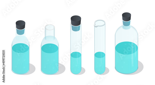 Chemical bottles set. Collection of flasks for conducting chemical experiments in laboratory. Chemistry social media stickers. Cartoon isometric vector illustrations isolated on white background