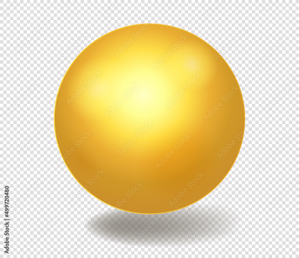 Golden figure sphere. Luxurious ball and realistic object rendering for games. Glitter, reflection and shadow. Graphic element for website on transparent background. Realistic vector illustration