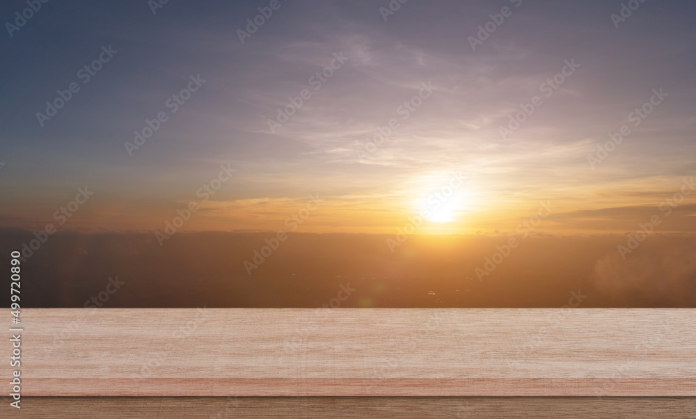 empty wooden tabletop with mountain in morning time. countryside landscape.
