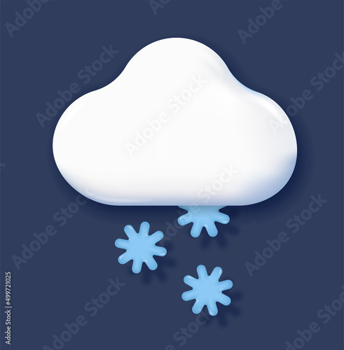 3D weather icon. Poster with white soft cloud, snowflakes and snowfall. Cold or frost in winter season. Element for app. Design for meteorological forecast. Cartoon realistic vector illustration