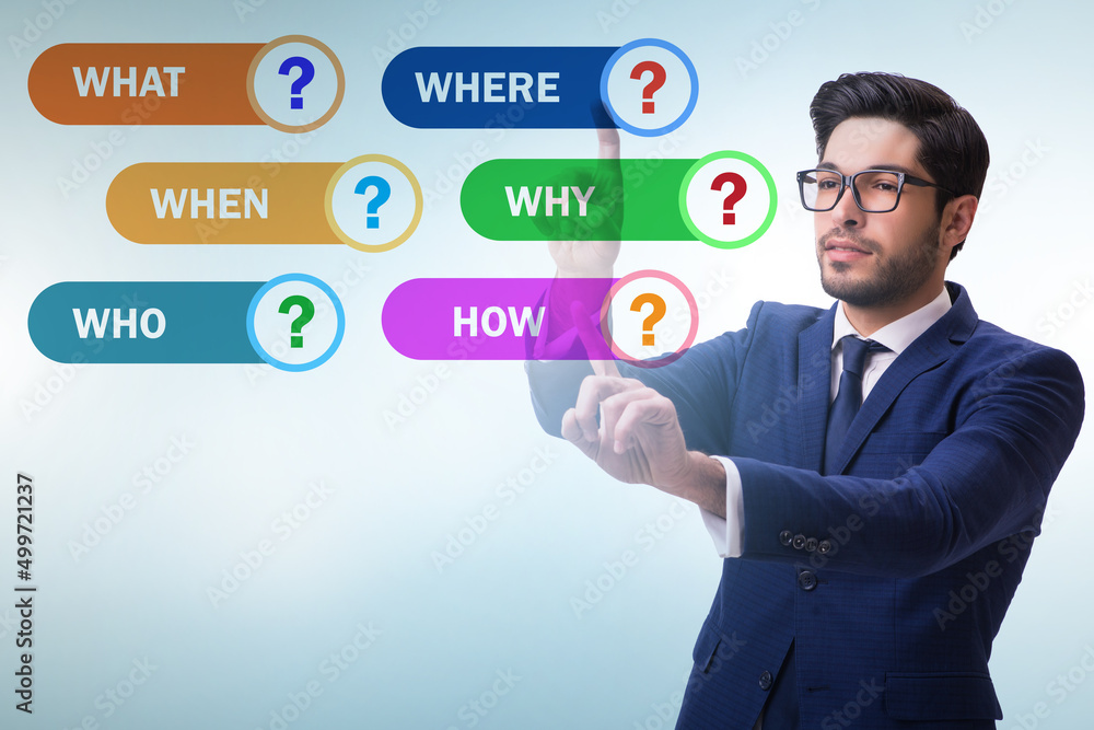 Concept of many different questions asked with businessman Concept of many different questions asked with businessman