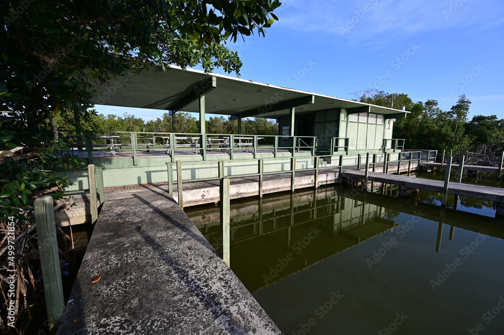 Picnic, docks and rest area on West Lake in Everglades National Park, Florida in early morning light.