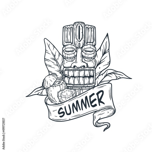 Summer tiki mask with coconut cocktail and tropical leaves for tiki bar. Exotic mask or tribal totem with ribbon for hawaii print