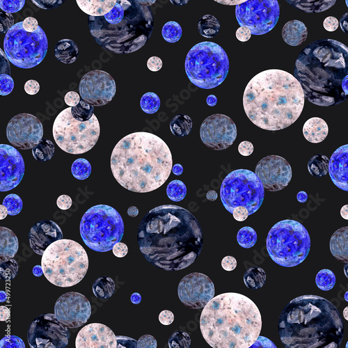 Watercolor pattern of the planets of the solar system and the satellite of Jupiter on a dark background for your design