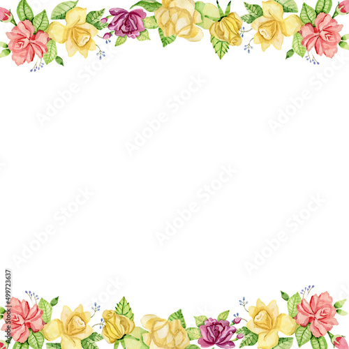 Fototapeta Naklejka Na Ścianę i Meble -  Copy space watercolor rose flowers yellow and pink square banner